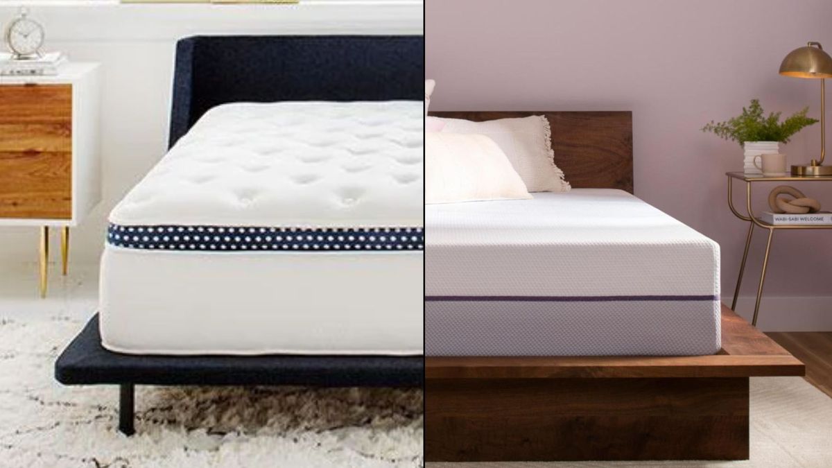 The image shows the WinkBed mattress on the left and the Purple Plus mattress on the right in a side by side comparison