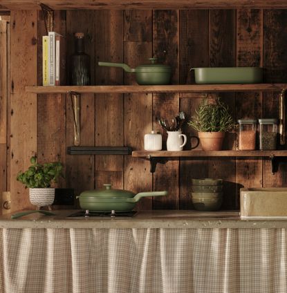 George ASDA green cookware range in wood kitchen 