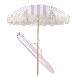 Alixce Pink White Striped Parasol 2m Retro Luxury Beach Parasol Fringed Garden Umbrella, Polyester Umbrella Surface, Wear-Resistant Sunscreen, Romantic Seaside Courtyard Swimming Pool Shading