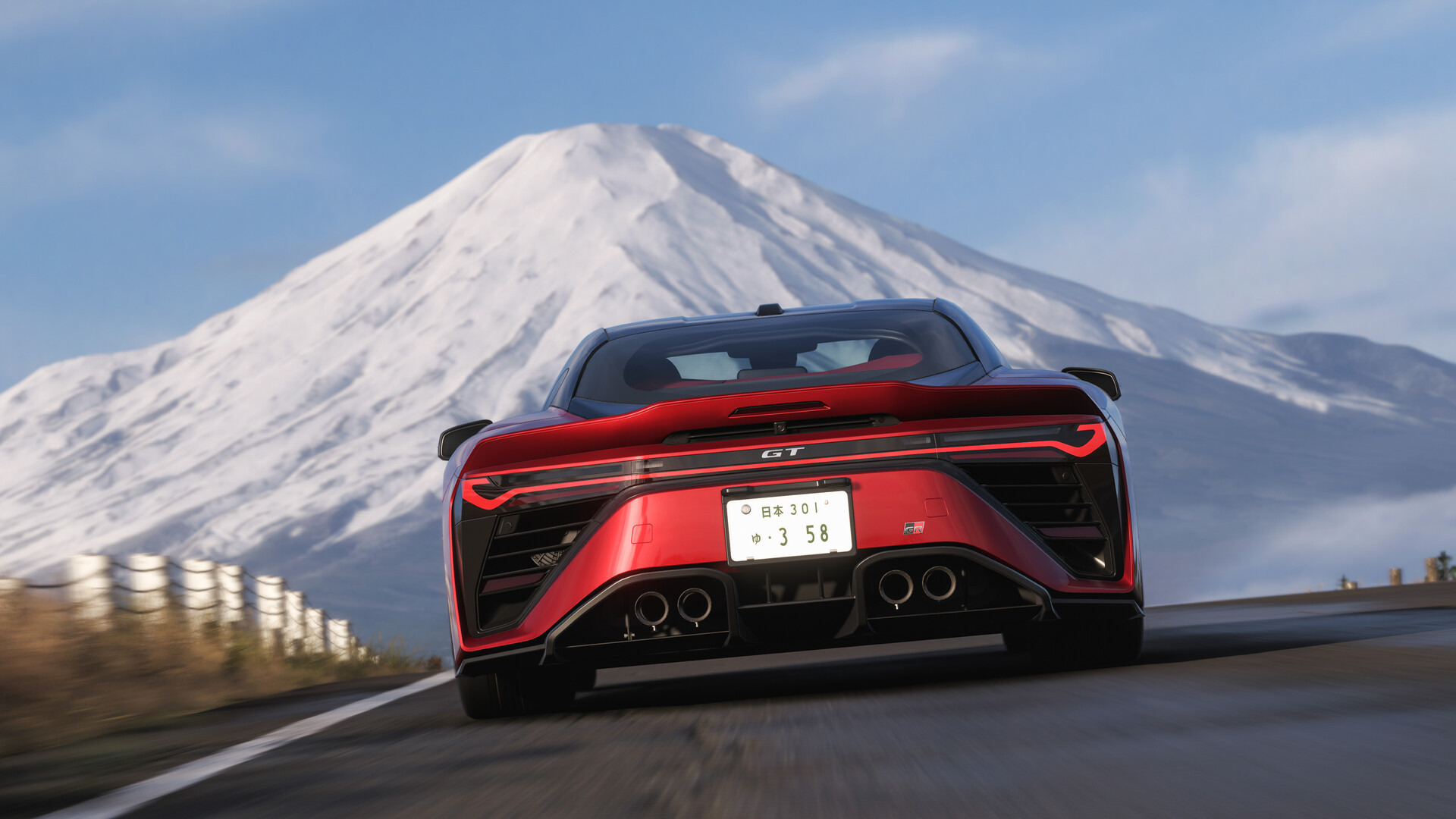 A Forza Horizon 6 screenshot showing a vehicle driving towards Mount Fuji.