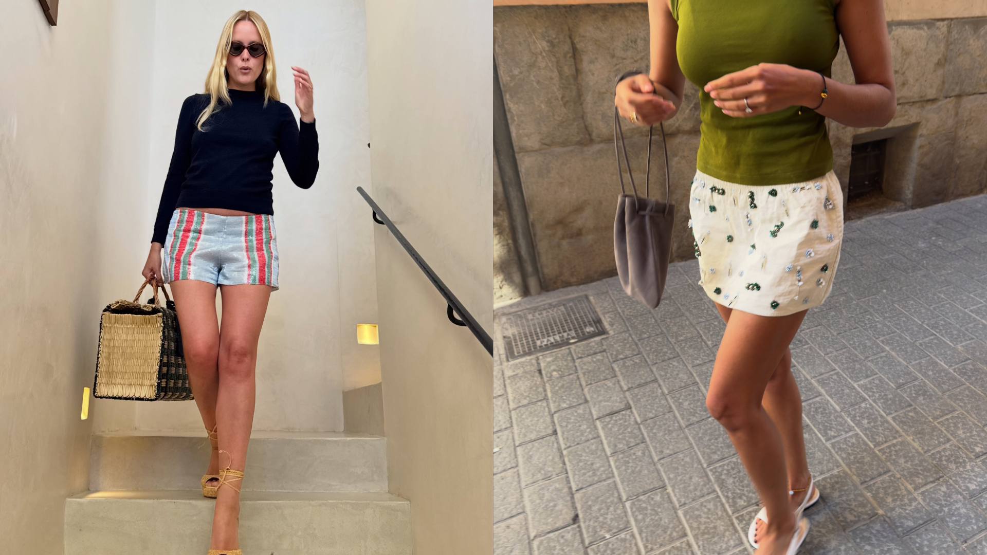 A collage of a woman wearing a beaded skirt and another woman wearing striped shorts.