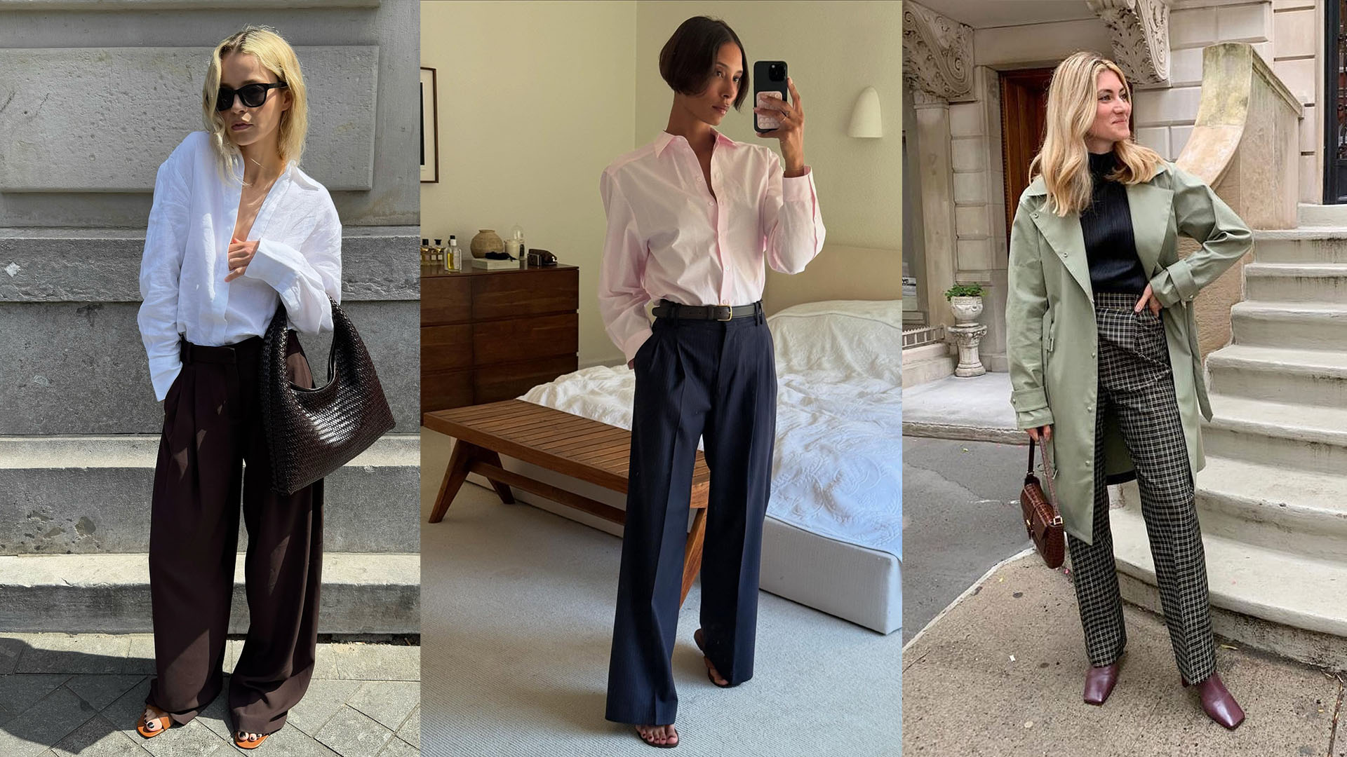 Women wearing pants, button-down shirts, a coat and a turtleneck.
