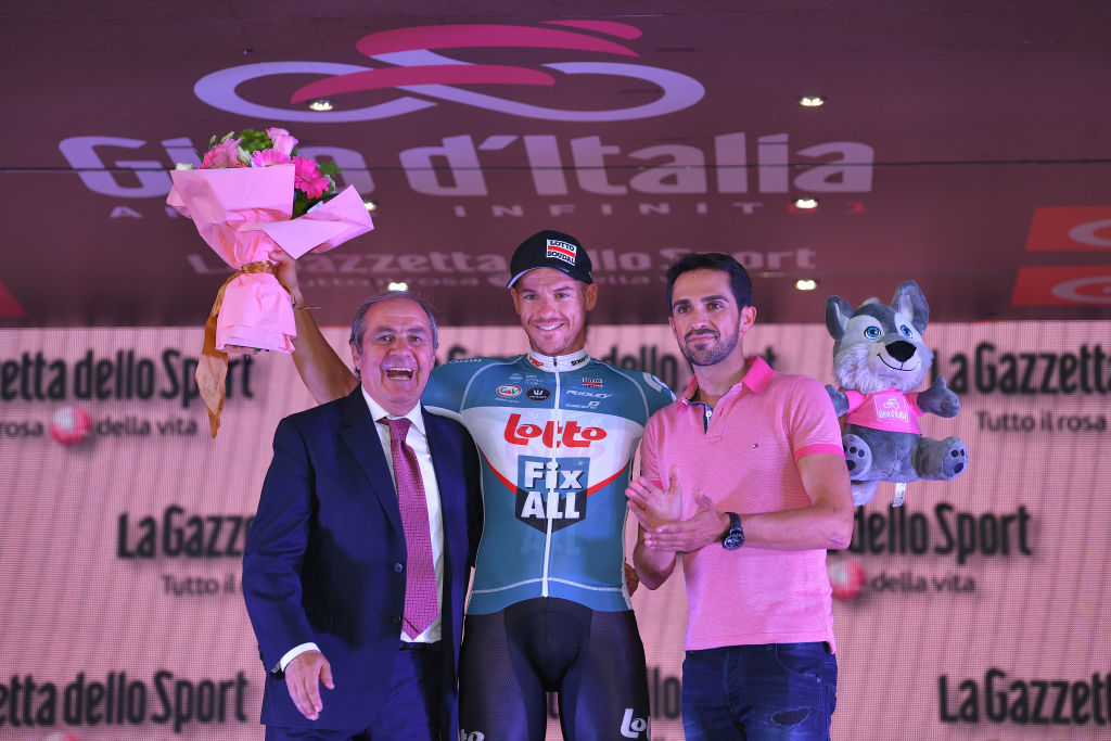 ROME, ITALY - MAY 27: Podium / Mauro Vegni of Italy RCS Race Director Tour of Italy / Adam Hansen of Australia and Team Lotto Soudal twenty consecutive Grand Tours / Alberto Contador od Spain / Celebration / during the 101st Tour of Italy 2018, Stage 21 a 115km stage from Rome to Rome / Giro d&#039;Italia / on May 27, 2018 in Rome, Italy. (Photo by Tim de Waele/Getty Images)