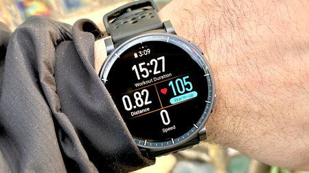 Close-up of the Amazfit Active Max smartwatch on a user's wrist
