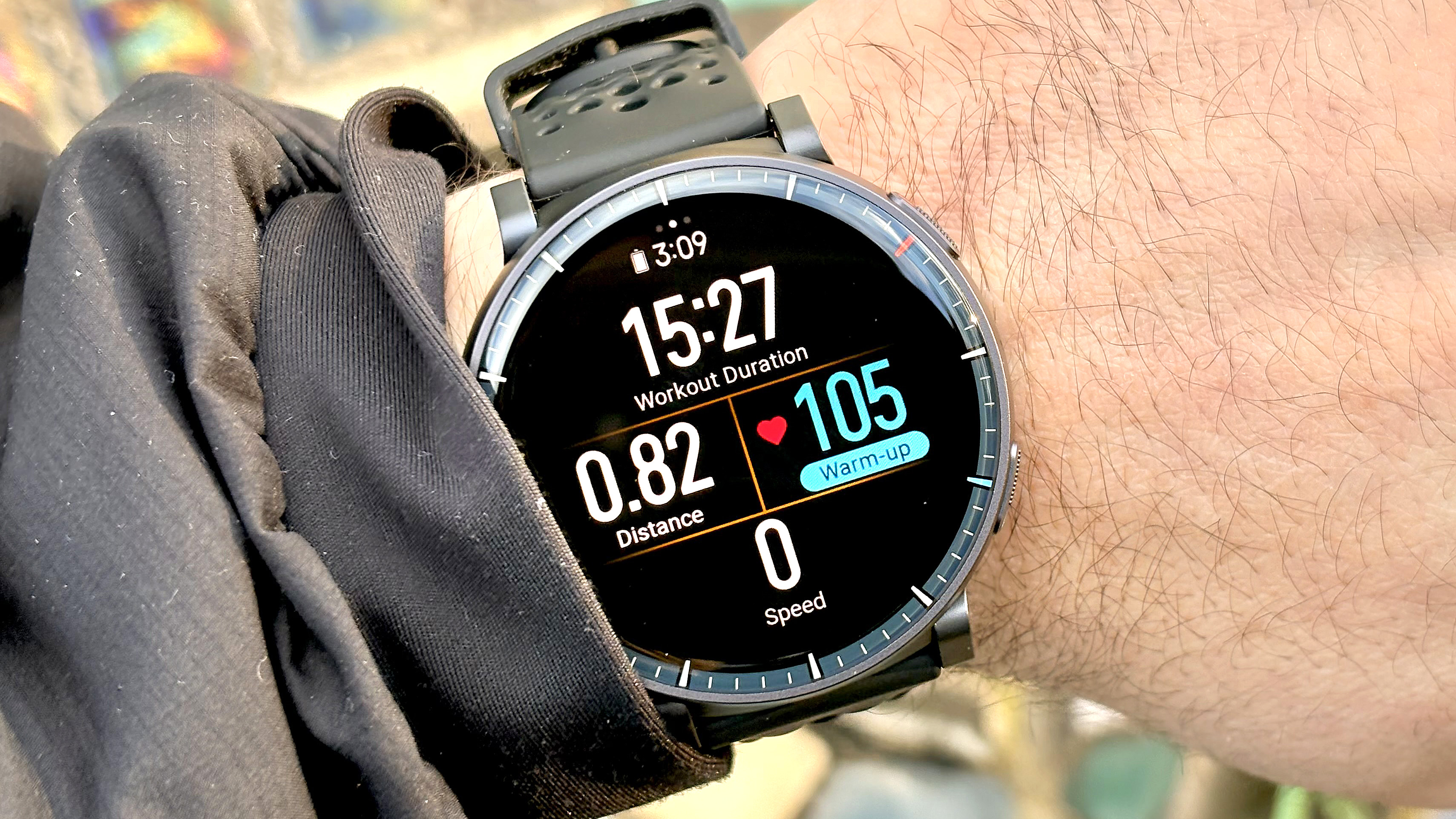 Close-up of the Amazfit Active Max smartwatch on a user's wrist