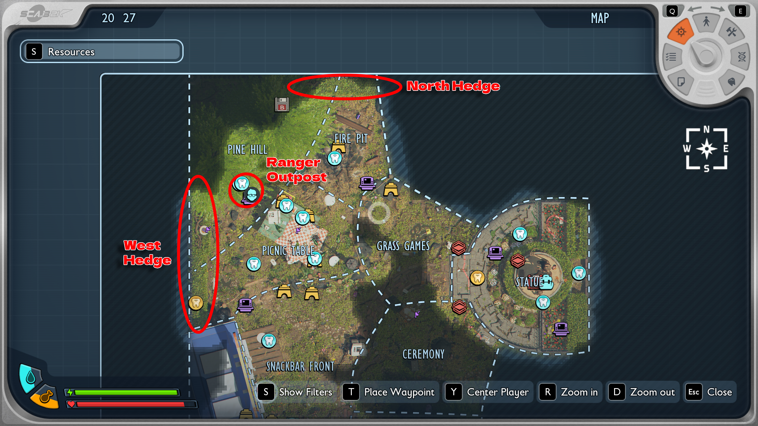 Grounded 2 lingonberry: An annotated map showing the location of lingonberries, mostly around two hedges and the Ranger Outpost in Pine Hill.