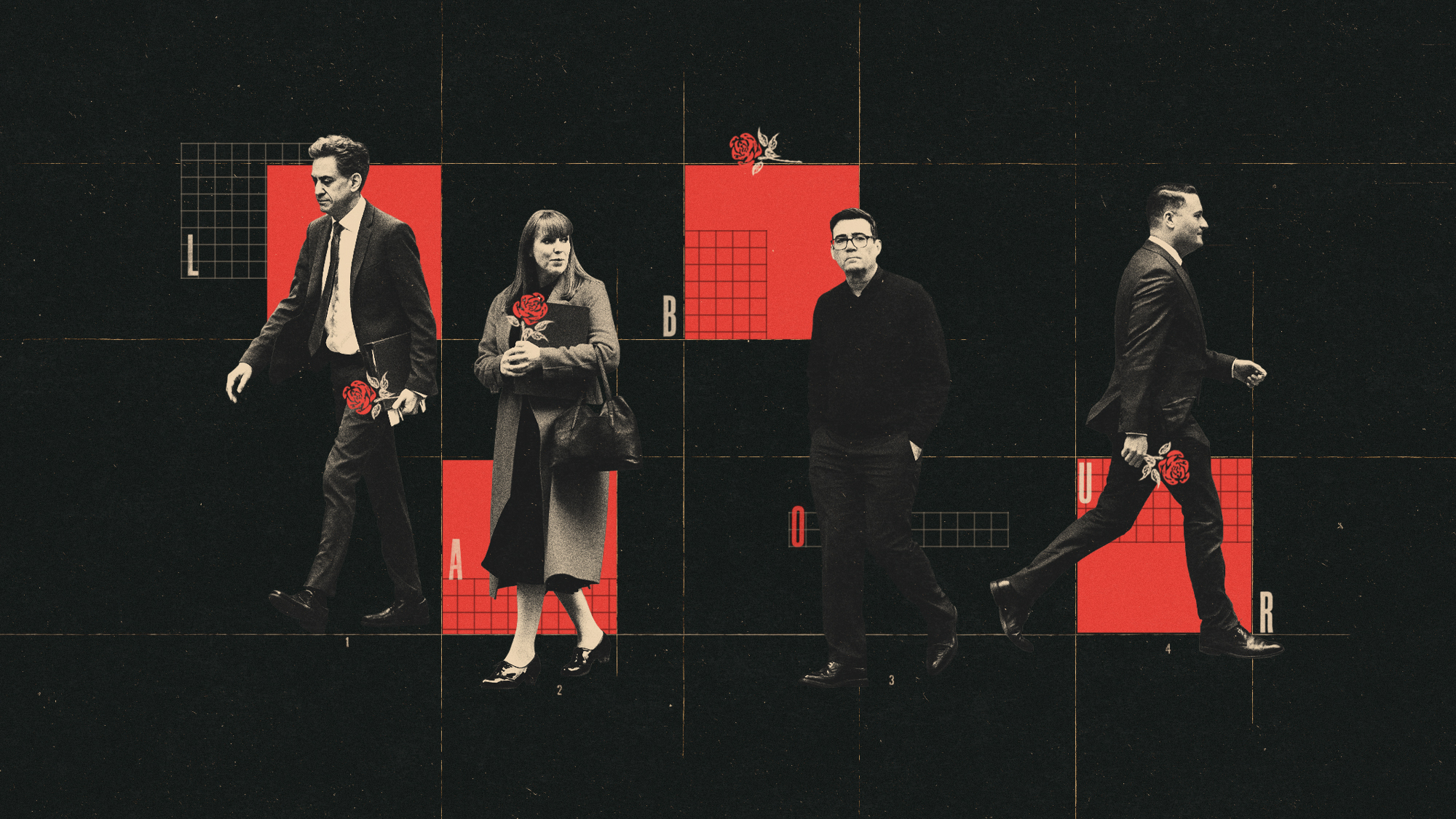 Photo composite illustration of Ed Miliband, Angela Rayner, Andy Burnham and Wes Streeting