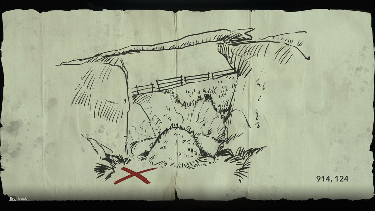 Black Flag treasure maps: A hand-drawn clue for the Mystery Island (Weathered) treasure map.