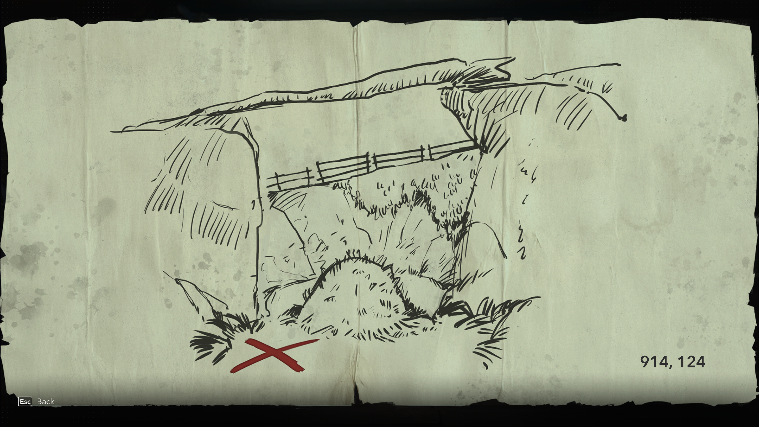 Black Flag treasure maps: A hand-drawn clue for the Mystery Island (Weathered) treasure map.