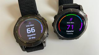 Two Garmin watches, one displaying a VO2 max score of 66 for cycling and 71 for running. Both scores are rated as superior