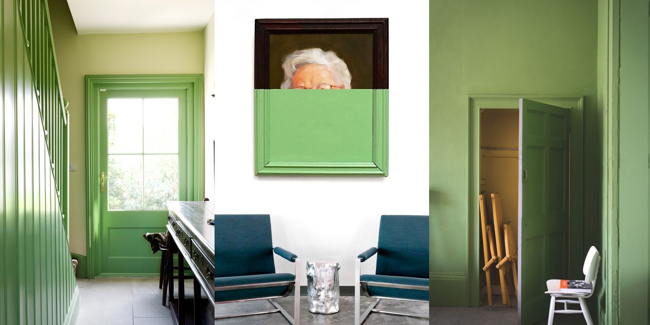 Three rooms drenched in bright green 