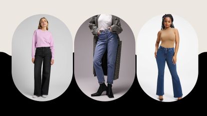 composite of three models wearing the best comfortable jeans from Lee, ASOS, Good American
