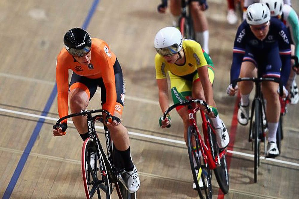 Kirsten Wild of the Netherlands leads on her way to second place in the Women's scratch 10k on day one of the UCI Track Cycling World Championships