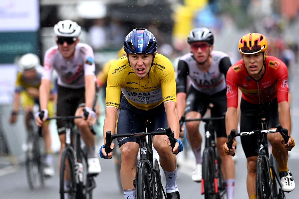 MAMER LUXEMBOURG SEPTEMBER 21 Corbin Strong of New Zealand and Team Israel Premier Tech Yellow leader jersey crosses the finish line during the 83rd Skoda Tour Luxembourg 2023 Stage 2 a 1839km stage from MondorflesBains to Mamer UCIWT on September 21 2023 in Mamer Luxembourg Photo by Tim de WaeleGetty Images