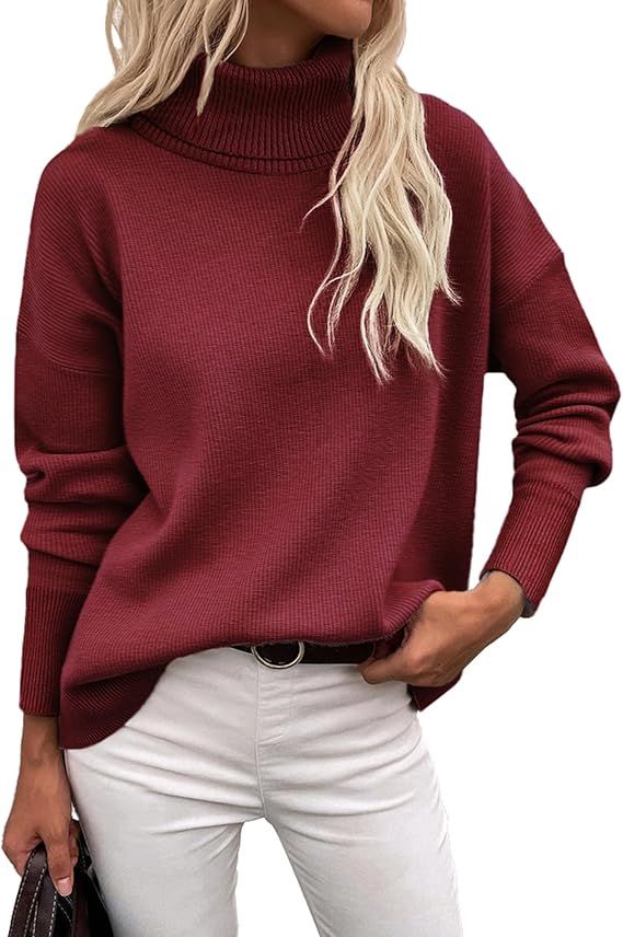 Zeagoo, Zeagoo Women's Turtleneck Sweater 2025 Fall Winter Chunky Knitted Pullover High Low Hem Trendy Basic Jumper Top Wine Red