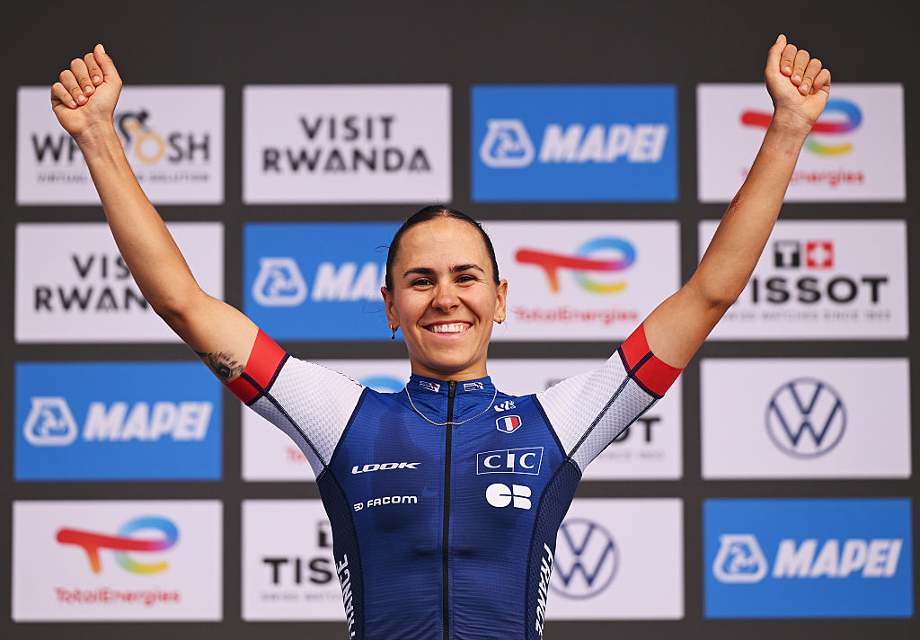 KIGALI, RWANDA - SEPTEMBER 25: Gold medalist Celia Gery of Team France poses on the podium during the 98th UCI Cycling World Championships Kigali 2025 - Women Under 23 Road Race a 119,3 km one day race from Kigali to Kigali on September 25, 2025 in Kigali, Rwanda. (Photo by Dario Belingheri/Getty Images)