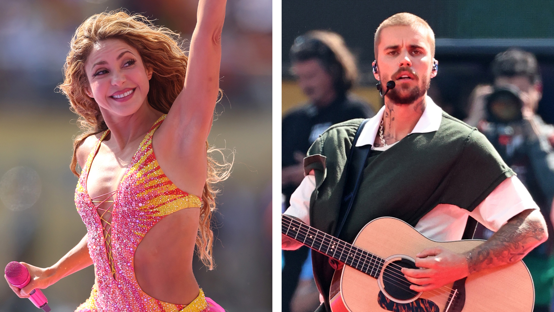 Shakira and Justin Bieber performing at the World Cup Final halftime show
