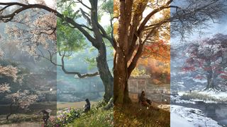 Assassin's Creed Shadows screenshot shows a tree across all four seasons