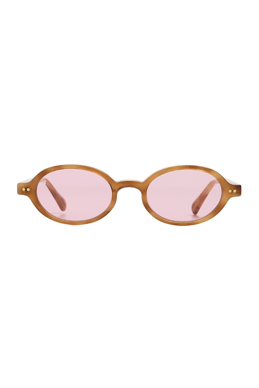 Brown oval sunglasses with pink lenses.