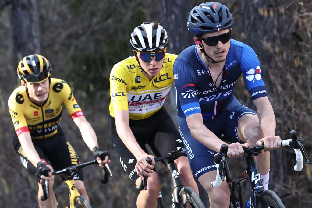 Jonas Vingegaard suffering behind Tadej Pogacar and David Gaudu