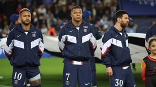 Lionel Messi Neymar Jr Mbappe ahead of a Champions League game