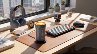 A selection of home office gear on a desk in a brightly lit room