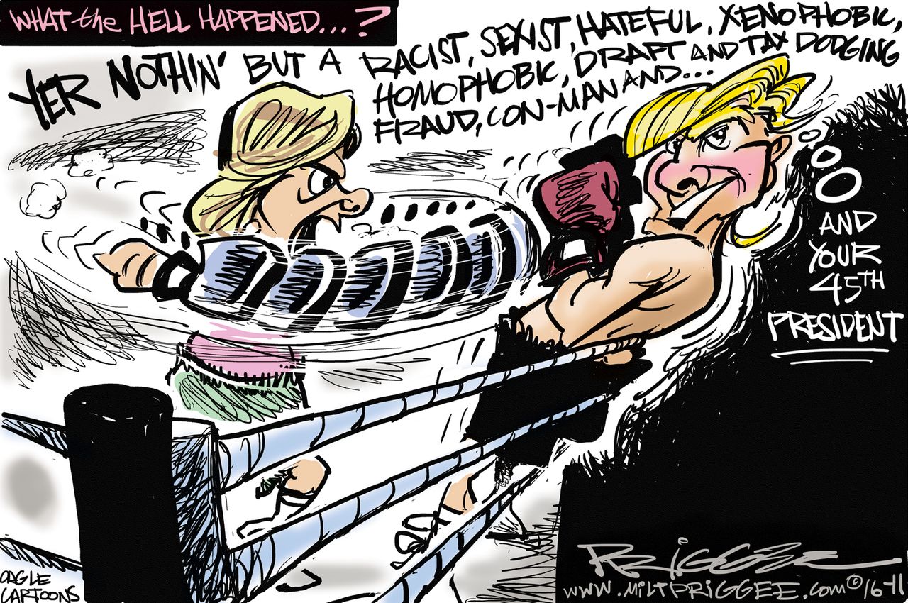 Political cartoon U.S. Donald Trump 2016 election victory