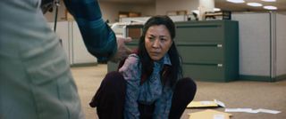 A scared and upset Michelle Yeoh in a still from Everythign Everywhere All at Once