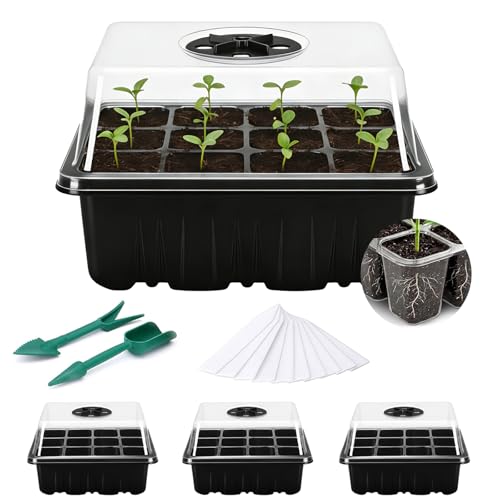 Fox&amp;middot;bunny Propagator, 3 Pack Propagators for Plants,12-Cell Seed Trays With Lids,indoor Gardening Kit for Seeds Planting (black,10 White Labels, 2 Tools)