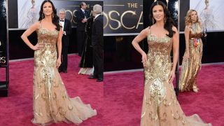 Catherine Zeta-Jones composite on the Oscars red carpet wearing a gold sequin dress with tulle hem