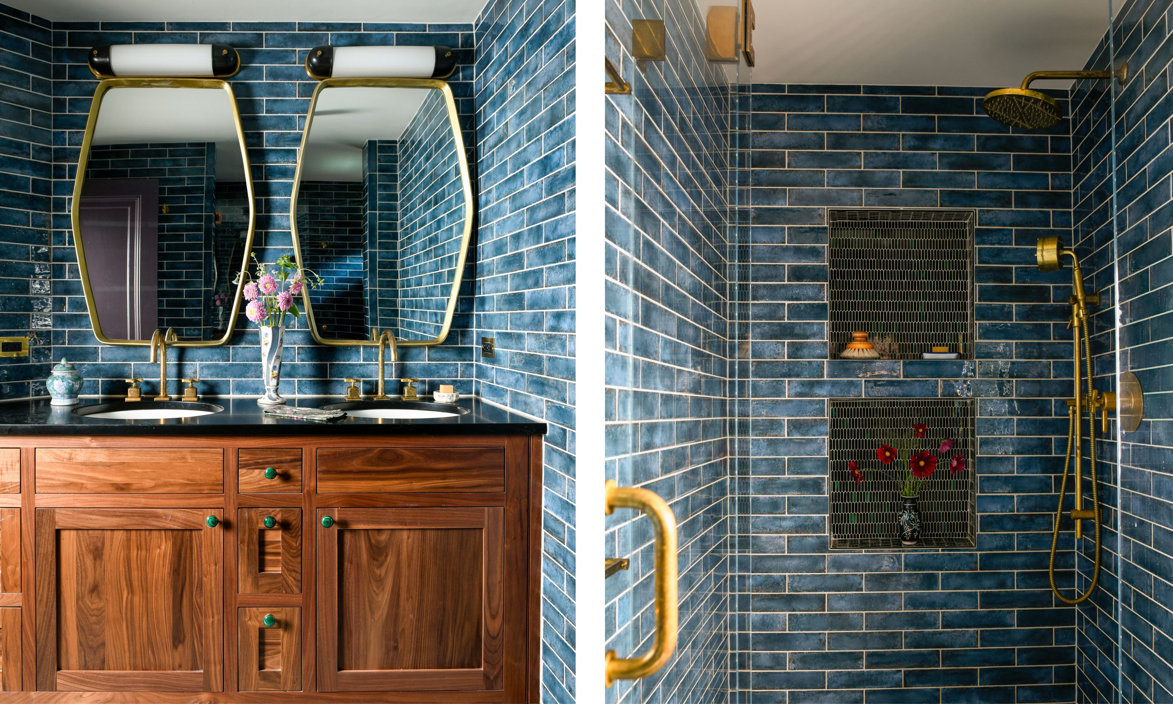 Two images of a bathroom with blue wall tiles and a wooden vanity with double sinks and mirrors. A blue-tiled shower with gold fixtures.