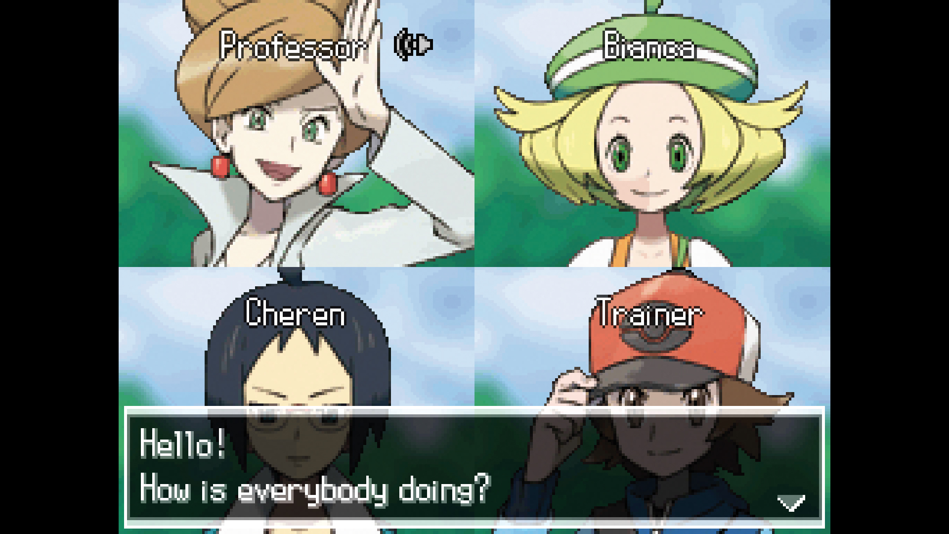 The Professor, player trainer, Cheren, and Bianca talk in a video call in Pokemon Black &amp;amp; White