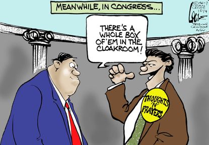 Political cartoon U.S. shootings Congress thoughts and prayers