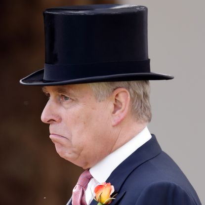 Ex-Prince Andrew is wearing a top hat and has a flower in his lapel as he makes a sad crying face
