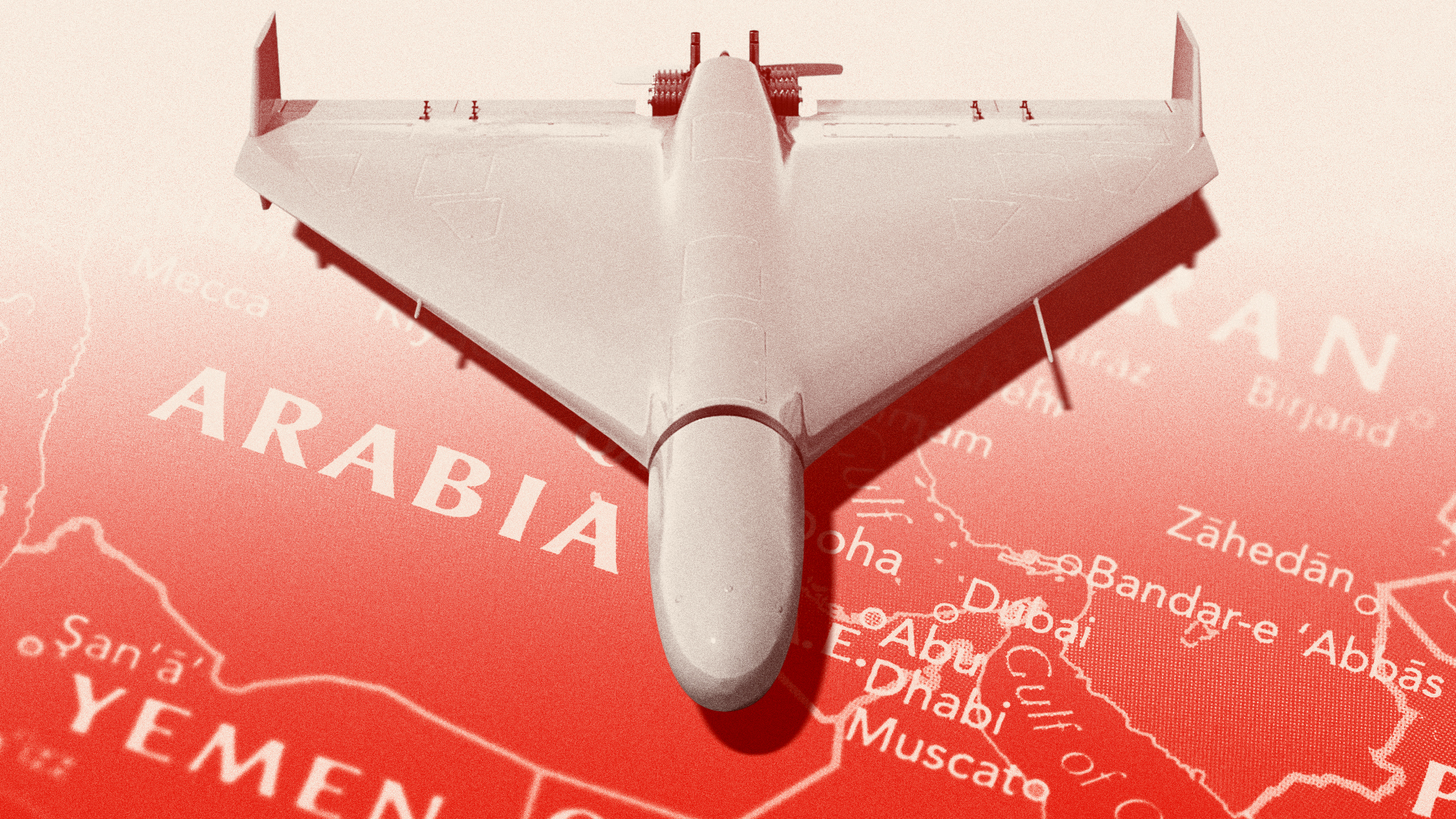 Illustration of a Shaheed drone over a map of the Middle East