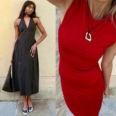 fashion collage featuring two style influencers Emmanuelle Koffi and Chloe Butler wearing chic dresses including a black midi halter dress and a tight sleeveless red maxi dress