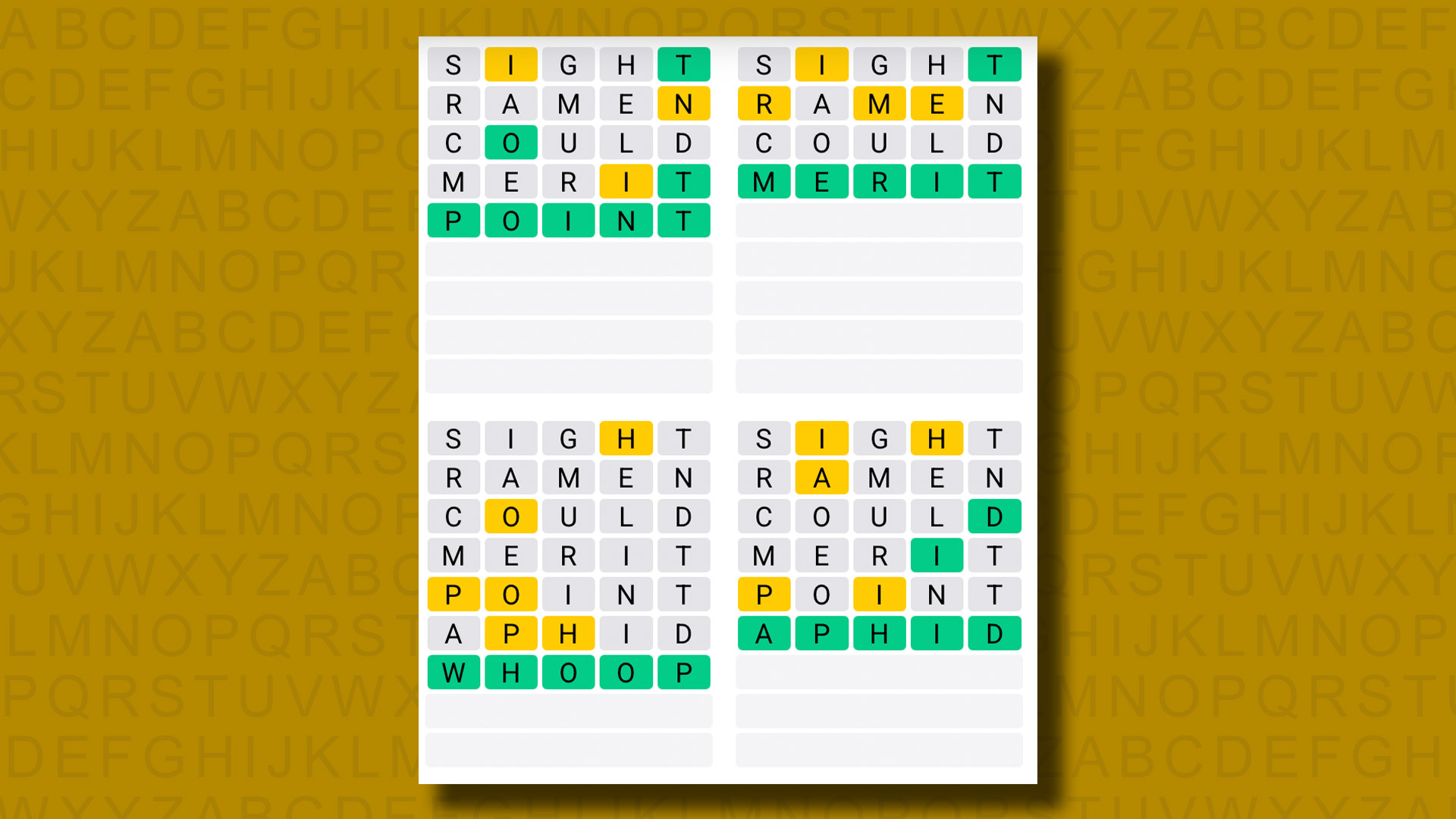 Quordle answers for game 1224 on a yellow background