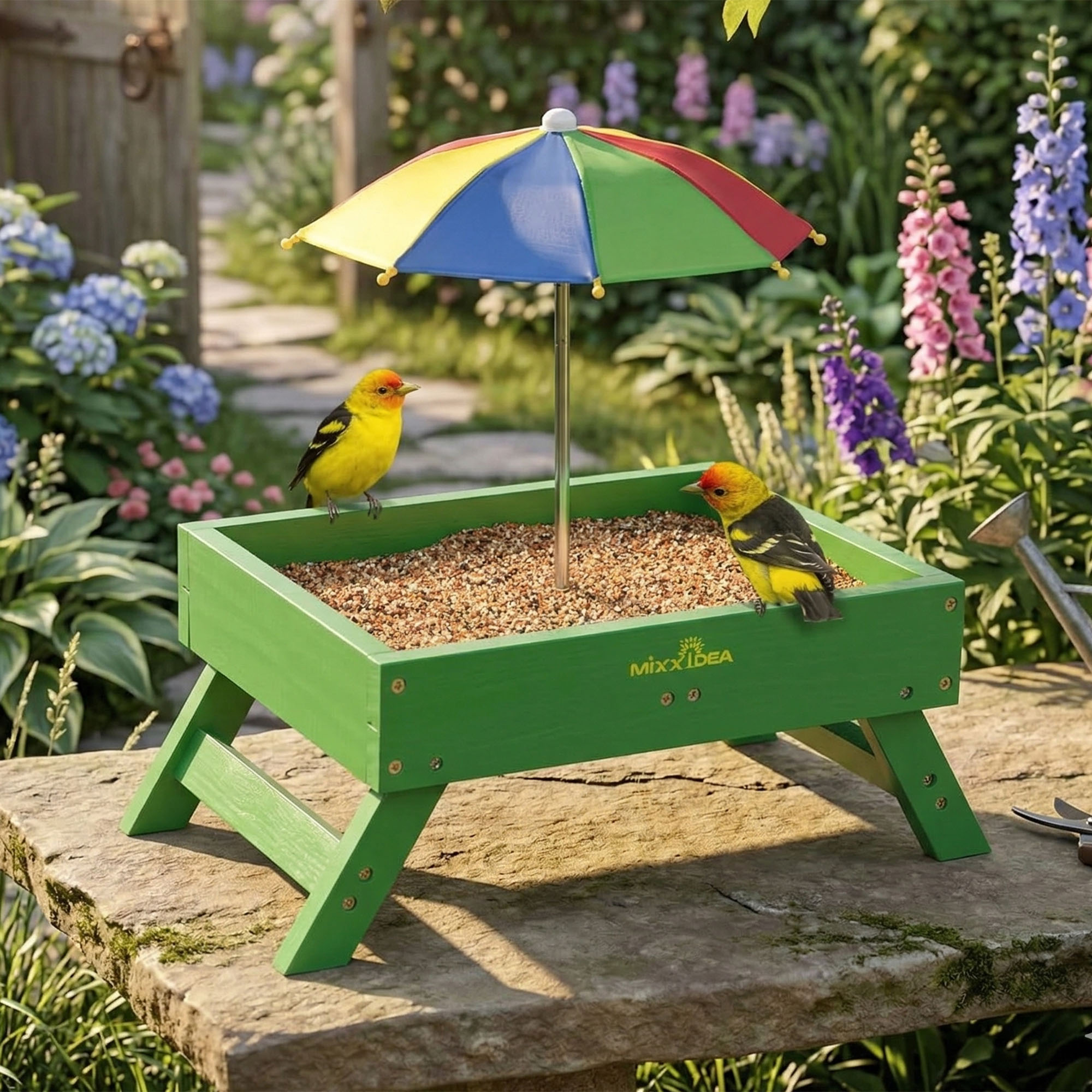 Mixxidea picnic table bird feeder with umbrella in garden