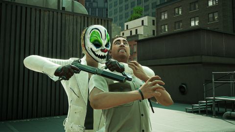 Payday 3 screenshot where a masked character holds a person hostage