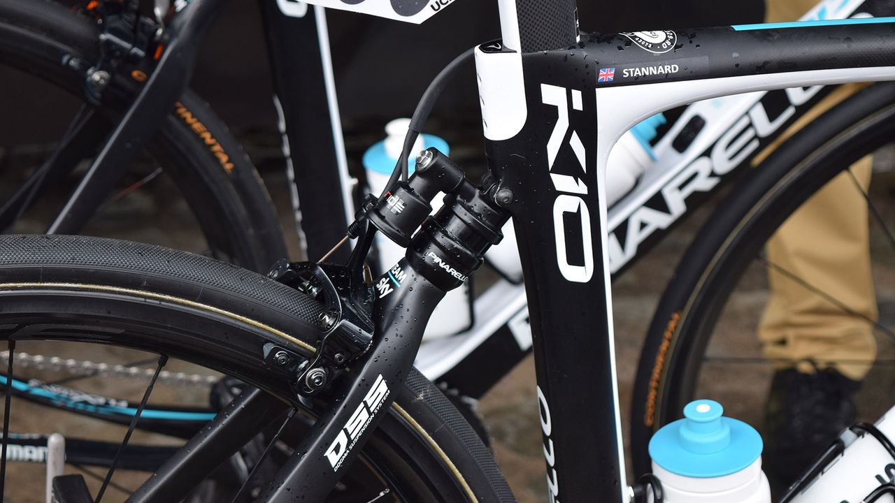 The Pinarello Dogma K10's Dogma Suspension System can increase compliance through remotely to suit the varied terrain of the cobbled Classics
