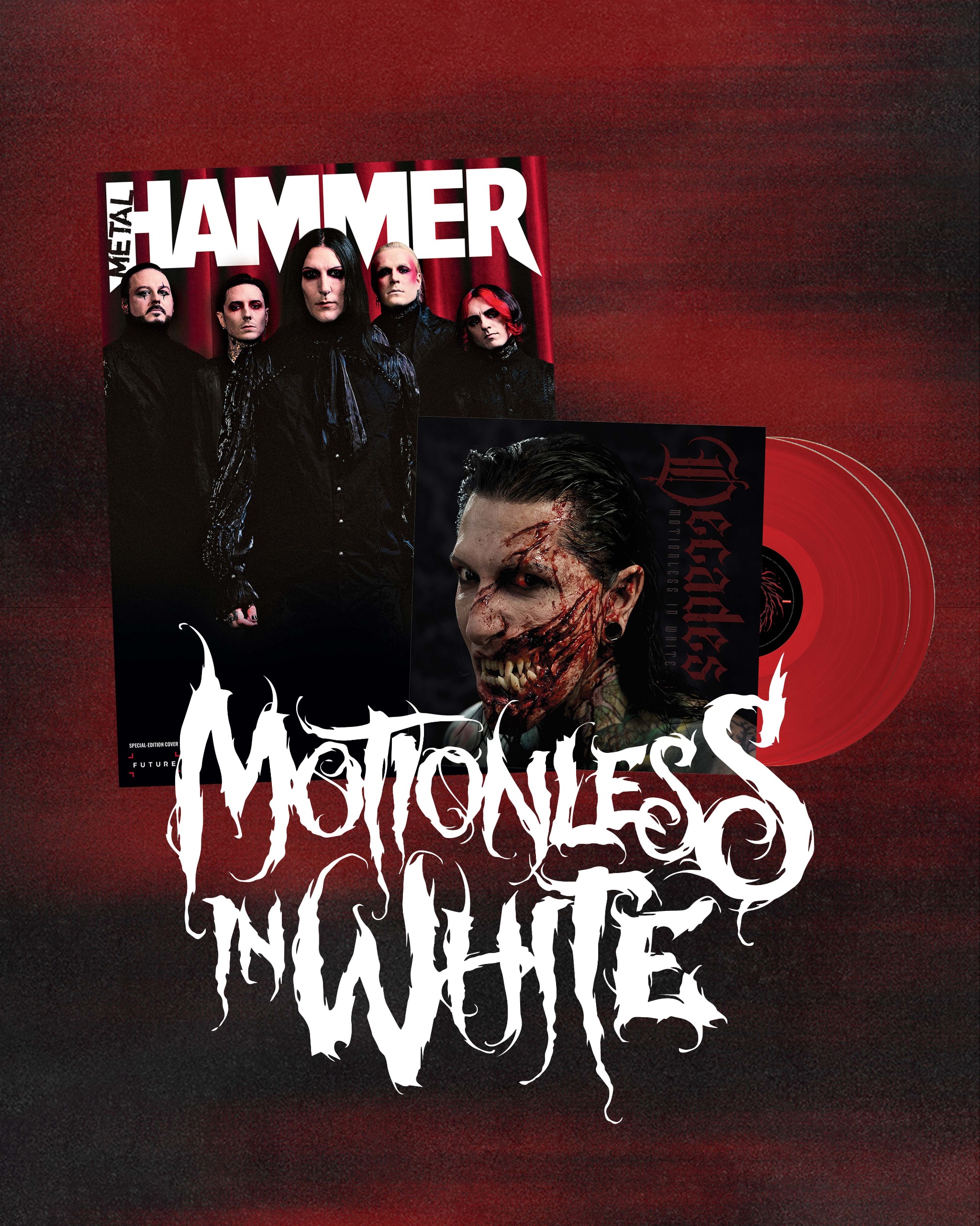 Motionless In White on the front cover of Metal Hammer, next to a red vinyl copy of their Decades album