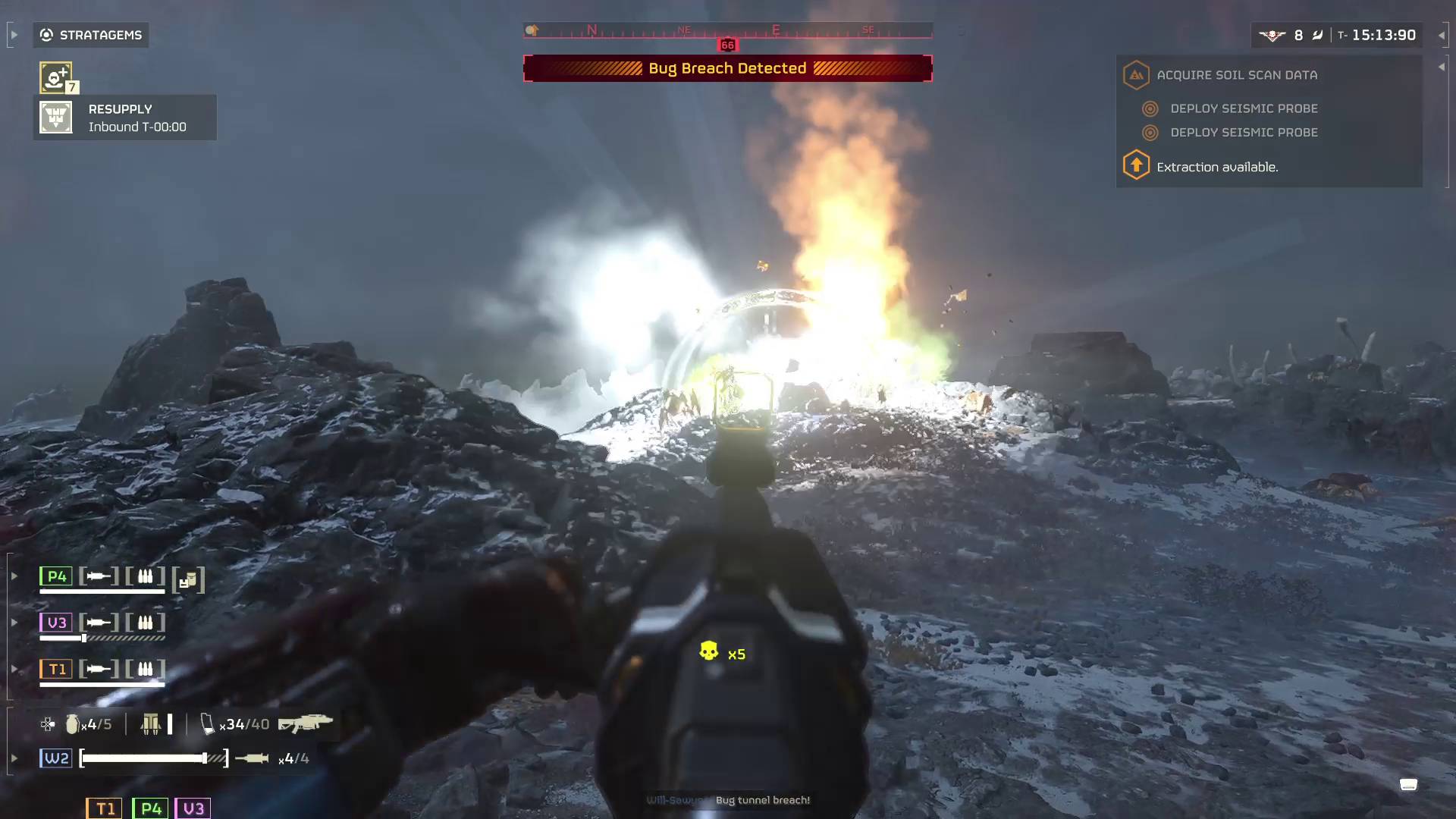 Helldivers 2 firing arc de-escalator greande launcher from Force of Law Warbond at terminid bugs