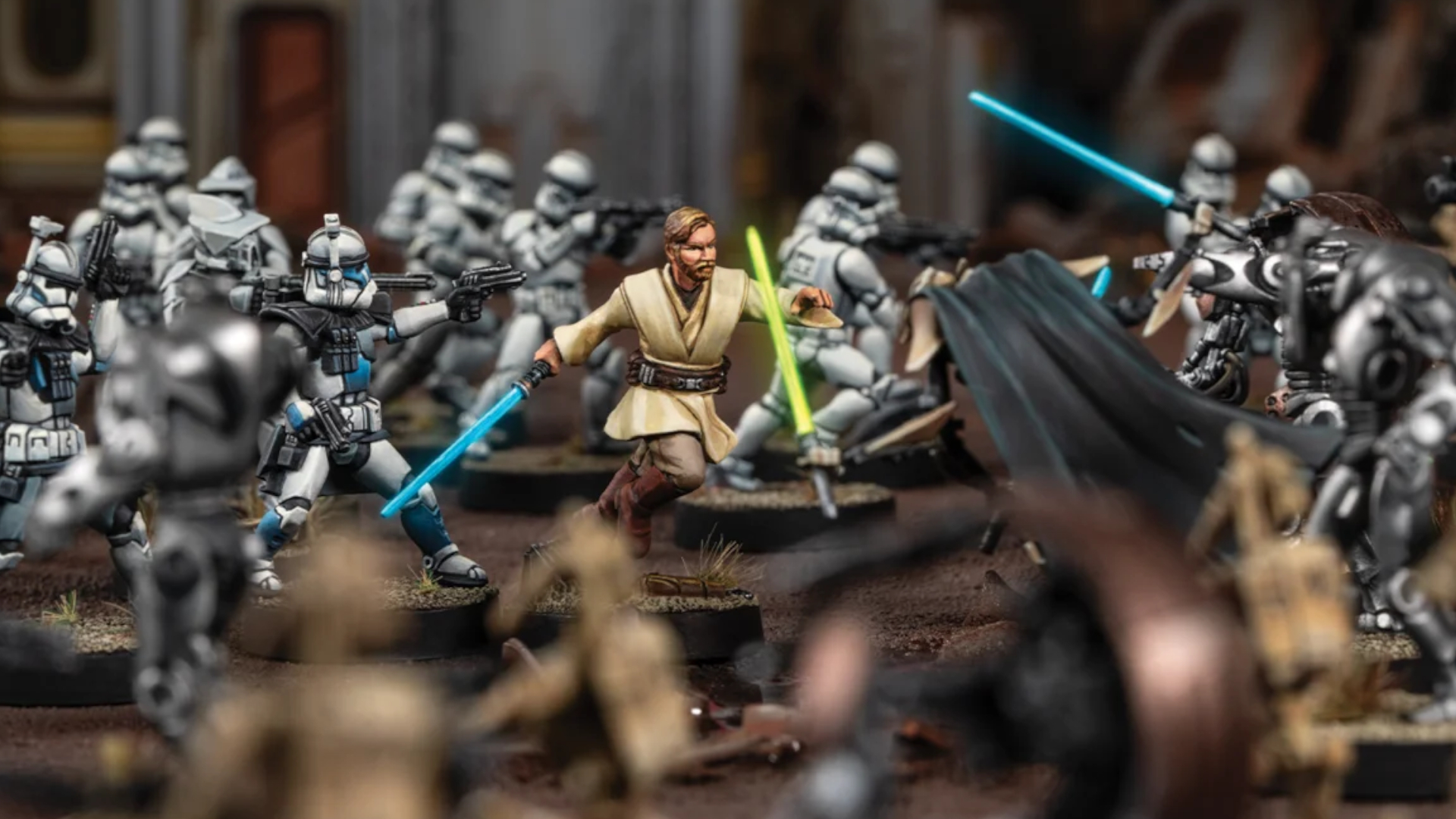 Obi-Wan Kenobi model, surrounded by droid and Clone miniatures