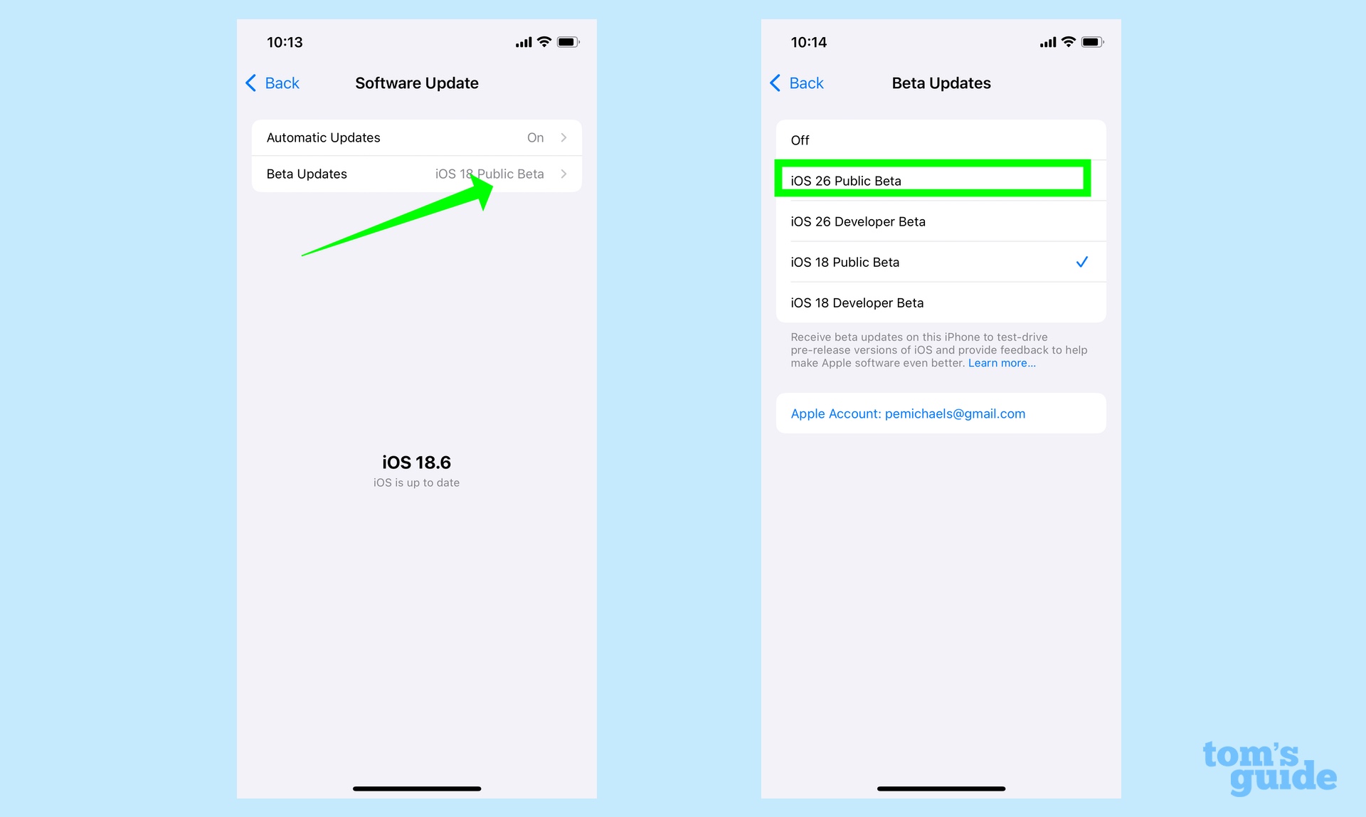 Selecting the iOS 26 beta from the beta updates list in Settings