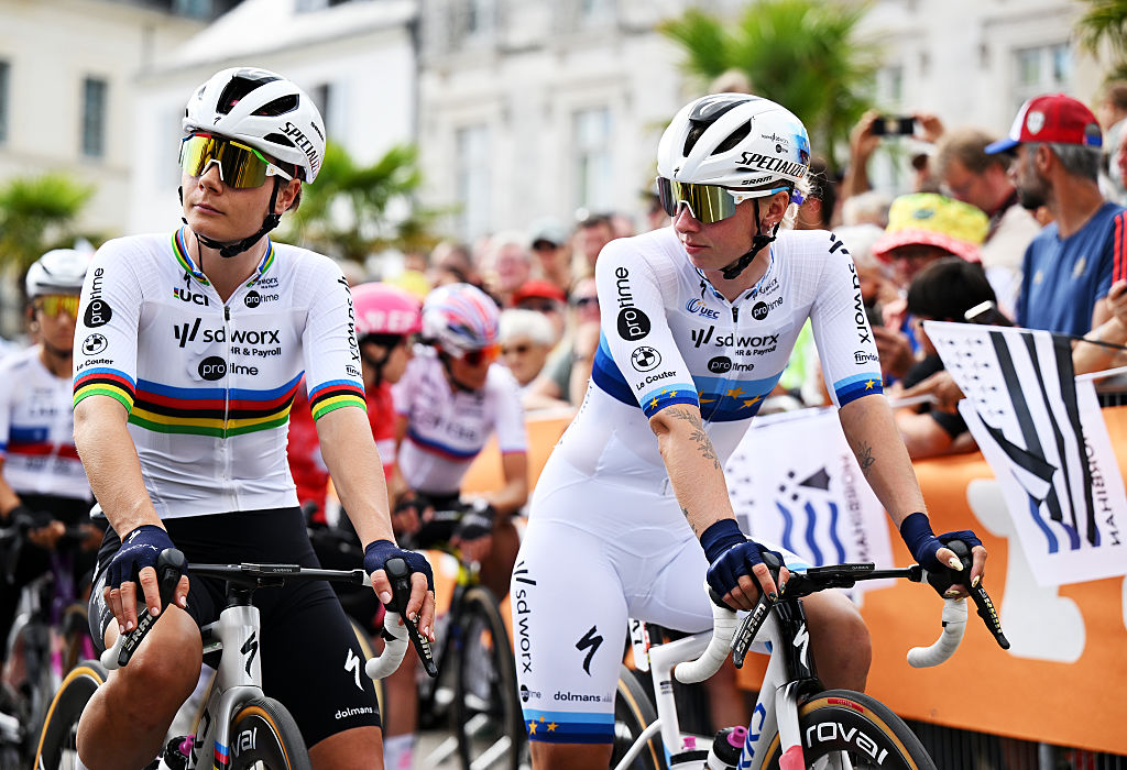 VANNES, FRANCE - JULY 26: (L-R) Lotte Kopecky of Belgium and Lorena Wiebes of Netherlands and Team SD Worx - Protime prior to the 4th Tour de France Femmes 2025, Stage 1 a 78.8km stage from Vannes to Plumelec / #UCIWWT / on July 26, 2025 in Vannes, France. (Photo by Szymon Gruchalski/Getty Images)