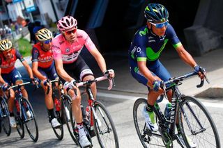 Nairo Quintana (Movistar) is followed by 2017 Giro winner Tom Dumoulin (Team Sunweb) during stage 18.