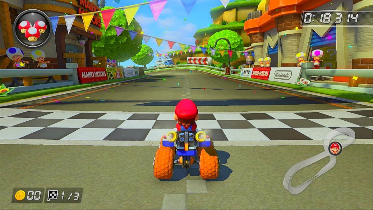 Mario Kart 8 gameplay with Mario at start line with mClassic upscaling switched on.