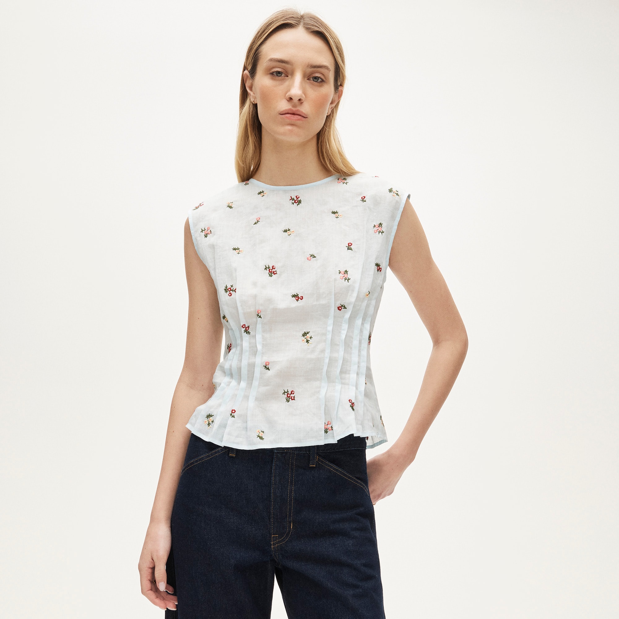 Pintuck Shell Top in Ramie With Embroidered Florals