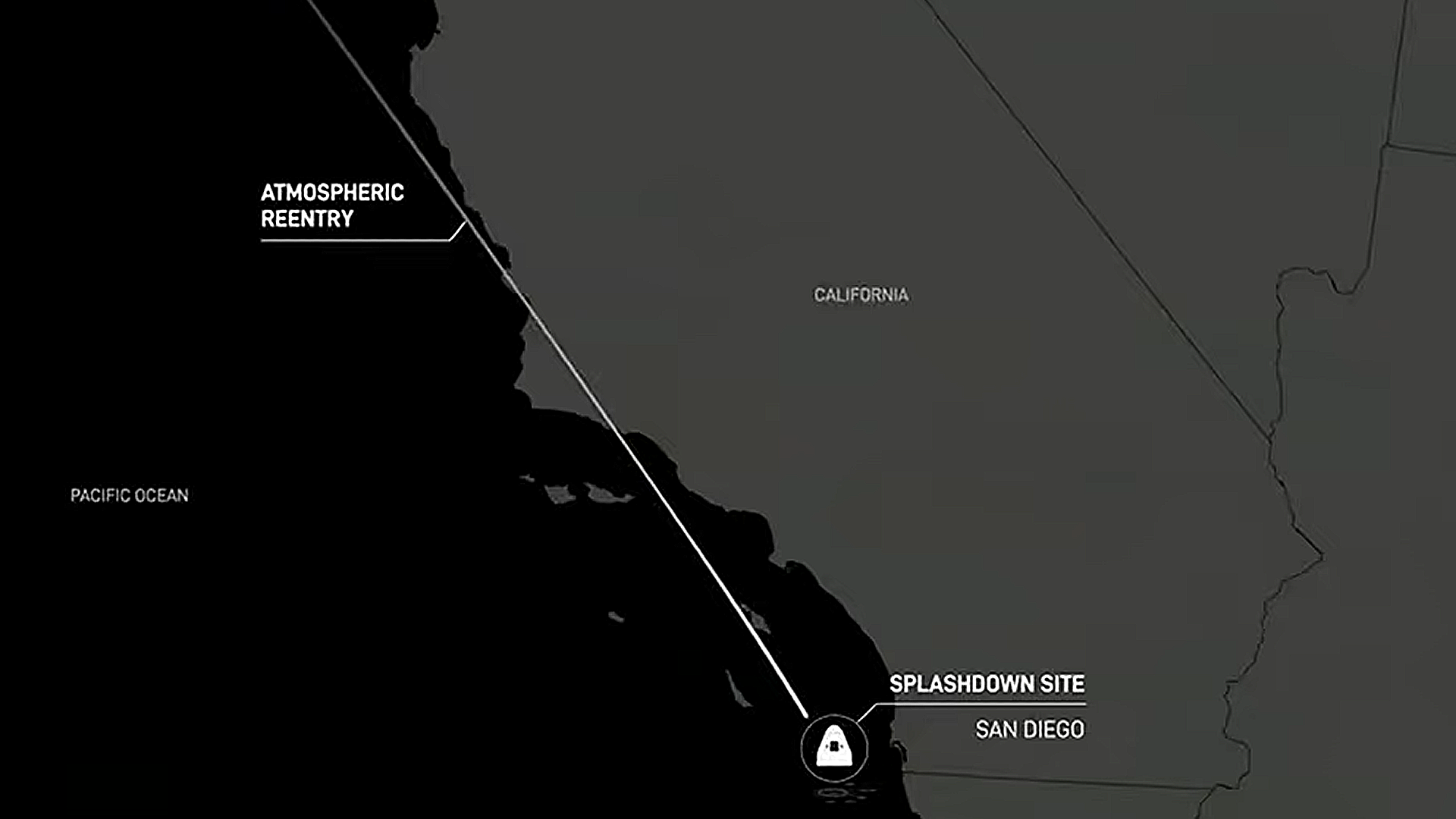a map of the california coast with a line running from northwest to southeast, ending in an icon of a white cone-shaped capsule and the text 