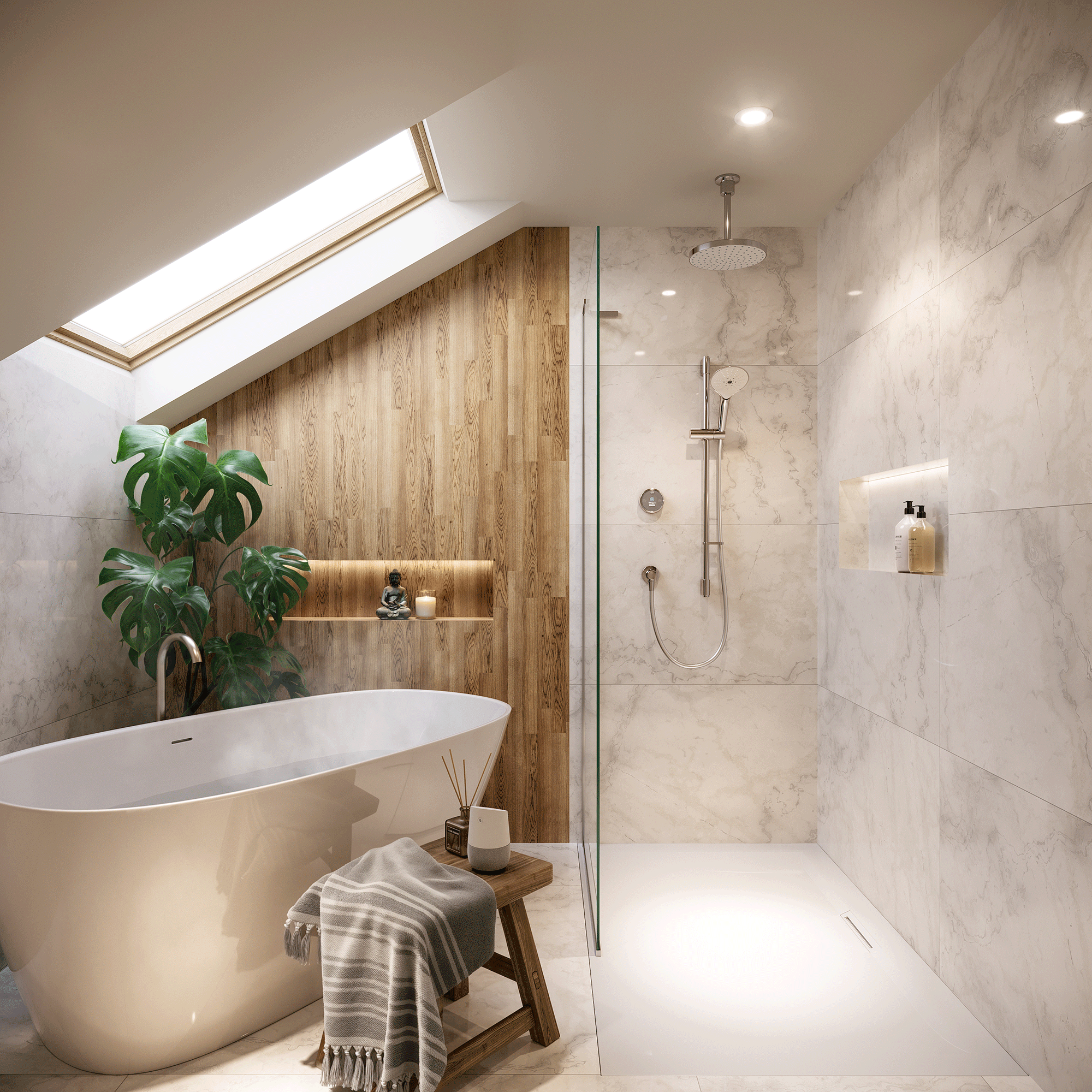 Silver shower head in bathroom with wooden cladding